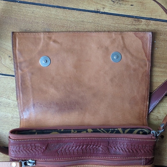 Leather Crossbody Patterned Bag, Tan & Maroon - Picture 11 of 11